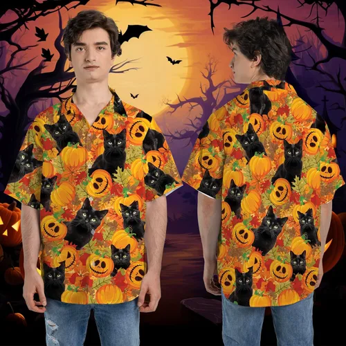 Miniatura 5 de Camisa hawaiana de gato negro para hombre, camisa de noche de Halloween, camisa de manga corta con botones (MP_HW_66)