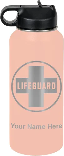 Miniatura 74 de LaserGram Botella de agua personalizada, salvavidas, acero inoxidable de doble pared aislada al vacío con popote superior, regalo grabado Negro
