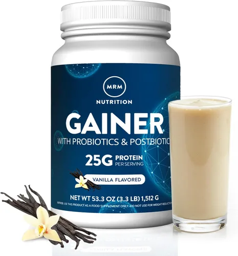 MRM Nutrition Gainer Proteína con probióticos y postbióticos, sabor a vainilla para hombres y mujeres, 0.88 onzas de concentrado y aislado de
