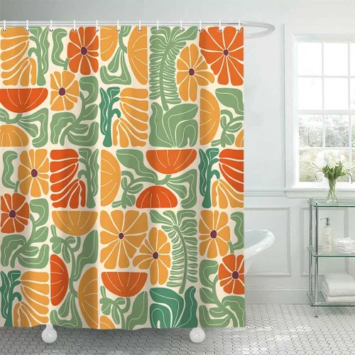 Cortina de ducha bohemia abstracta colorida con retazos retro naranja verde floral botánico geométrico estético Groovy decoración de baño con 12