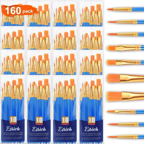 Miniatura 17 de ESRICH Juego de pinceles de pintura acrílica, 16 paquetes/160 unidades, cabezal de cepillo de nailon, adecuado para acrílico, óleo, acuarela, cuerpo