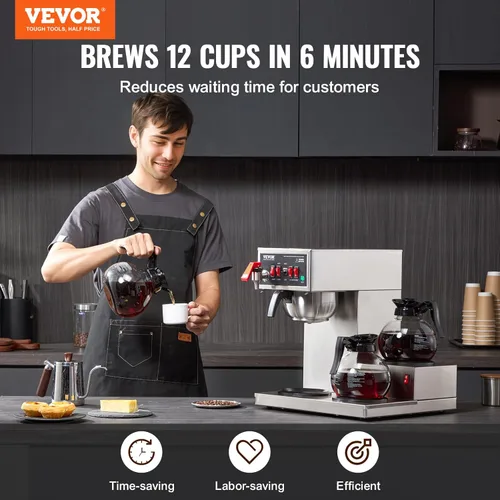 Miniatura 2 de VEVOR Cafetera Comercial de Goteo de 12 Tazas, Máquina de Café con 3 Jarras de Vidrio y 3 Platos Calentadores, Cafetera de Acero Inoxidable