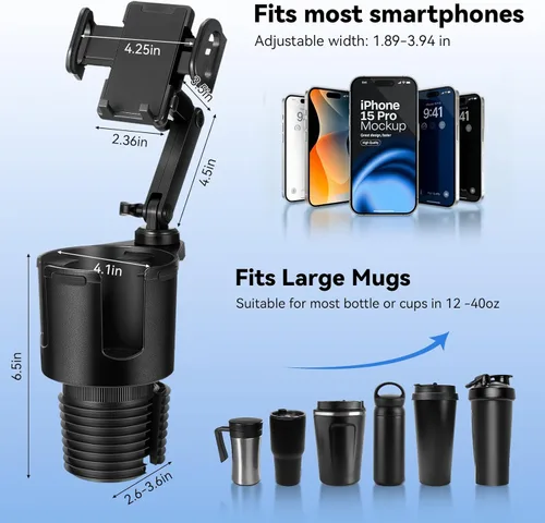 Miniatura 2 de Soporte de teléfono para automóvil, expansor de portavasos 2 en 1 con soporte para teléfono, soporte universal ajustable para teléfono, brazo largo