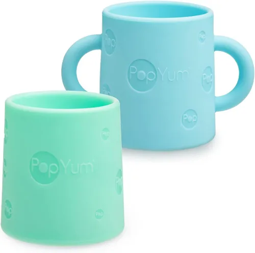 Miniatura 7 de PopYum Taza de entrenamiento de silicona, paquete de 2, morado eléctrico y rosa orquídea Asas, sin BPA, entrenamiento de autoalimentación, vaso