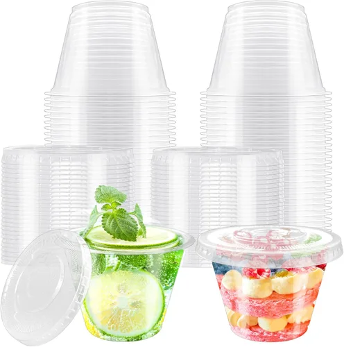 Szsrcywd Paquete de 50 vasos de plástico de 6 onzas con tapas planas, vasos de postre desechables transparentes, recipientes de fiesta a prueba de