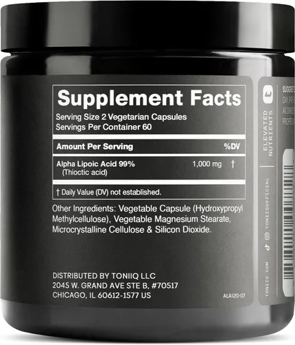 Miniatura 2 de Toniiq 1000mg Cápsulas de Ácido Alfa Lipoico de Fuerza Ultra Alta - Altamente Purificado 99%+ Estándar USP - 120 Cápsulas de Suplemento ALA