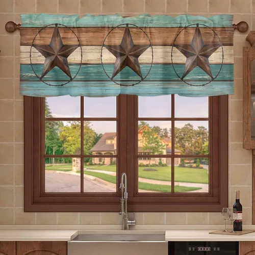 Cortina de cenefas occidentales para cocina, cafetería, campo de granja, estrella de hierro sobre tablero de madera, cenefa de ventana, 1 panel de