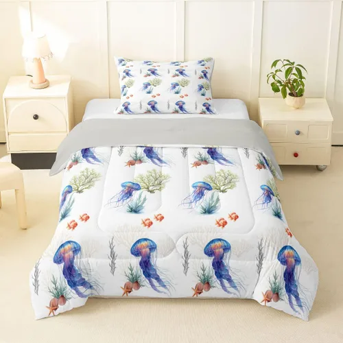 Miniatura 14 de Erosebridal Blue Ocean - Juego de edredón tamaño individual Juego de ropa de cama de ballena delfín y tortuga marina para niños y niñas, juego