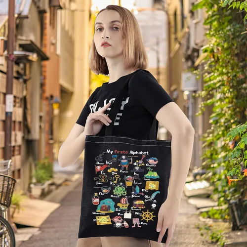 Miniatura 2 de LEVLO Pirate Life - Bolsa de lona con texto en inglés "Pirate Life", regalo inspirado en la cita de pirata, bolso de hombro con alfabeto A-Z