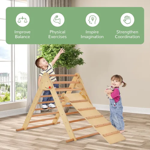 Miniatura 9 de Olakids Conjunto Triángulo Pikler 3 en 1 Juguetes de Escalada para Niños Pequeños Madera Plegable Montessori Gimnasio de Selva para Bebés con Rampa