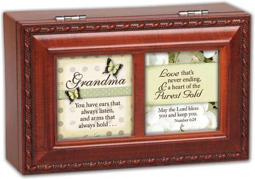 Cottage Garden Caja de música pequeña de grano de madera con texto en inglés "Grandma You Have Woodgrain Plays How Great Thou Art