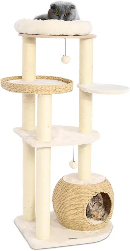 KAMABOKO Árbol Moderno para Gatos, Torre de 53 pulgadas para Gatos de Interior, Postes Rascadores de Sisal Natural, Condominio Tejido a Mano y