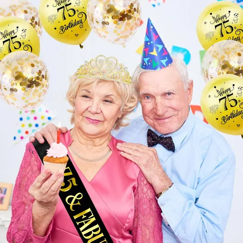 Miniatura 5 de Kit de tiara y banda de cumpleaños número 75 – '75 y fabuloso' banda negra y corona de diamantes de imitación dorados para mujer 75 cumpleaños