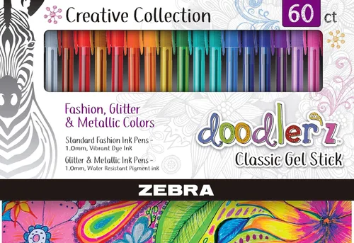 Zebra Pen Doodler'z 41960 - Bolígrafo de tinta en gel, colores surtidos, 0.039 pulgadas, 60 unidades (41960)