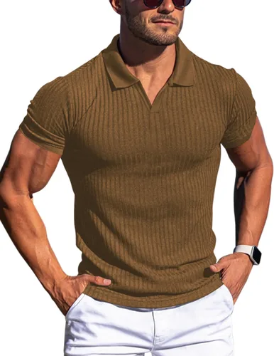 Camisas tipo polo con cuello en V para hombre, ajustadas, de manga corta, de algodón, de punto acanalado, suaves