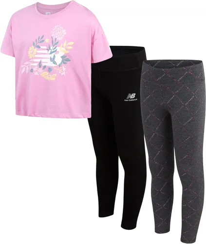 Miniatura 8 de New Balance Conjunto de leggings para niñas, camisa de manga corta de 3 piezas y leggings para niñas, pantalones de yoga para entrenamiento