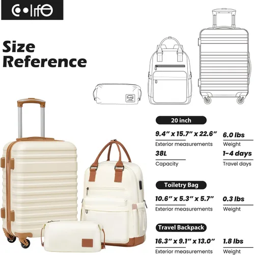 Miniatura 7 de Coolife Maleta de equipaje de mano con ruedas Softside Bolsa de viaje ligera con ruedas, Blanco, Equipaje rígido con ruedas giratorias