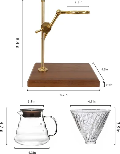 Miniatura 7 de L'ÉPICÉA Juego de Cafetera de Goteo, Cafetera de Goteo con Soporte, Soporte Ajustable de Acero Inoxidable, Base de Madera, Filtros de Papel, Jarra
