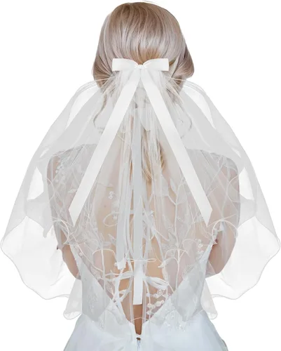 TIESOME Velo de novia de boda con peine, corto de tul de 2 niveles de tul para novia, velo de tul, engarzado, velos de catedral, velo de niña de