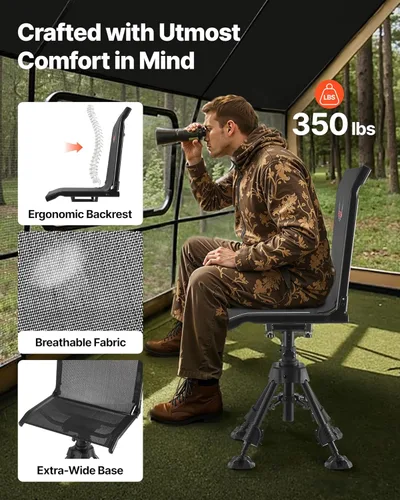 Miniatura 4 de VEVOR Silla de caza, giro silencioso de 360°, silla ciega portátil plegable, asiento de taburete de acero resistente con patas giratorias