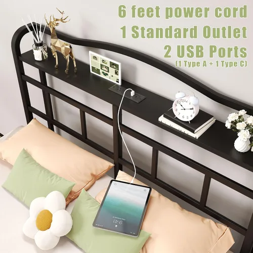 Miniatura 3 de SHOANED Base de cama de metal de 18 pulgadas, base de colchón básica de plataforma resistente de color negro con cabecera y estación de carga,