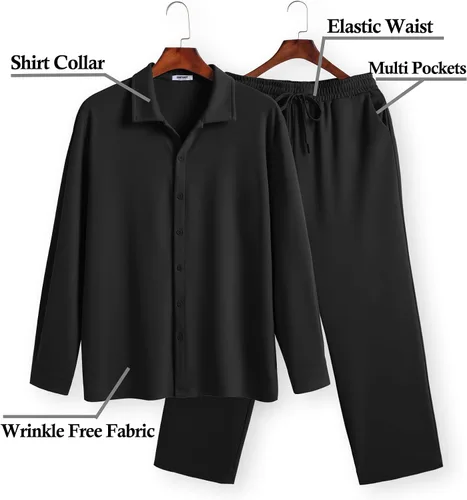 Miniatura 5 de COOFANDY Conjunto de 2 piezas para hombre, camisa de manga larga con botones, sin arrugas, camisas elásticas