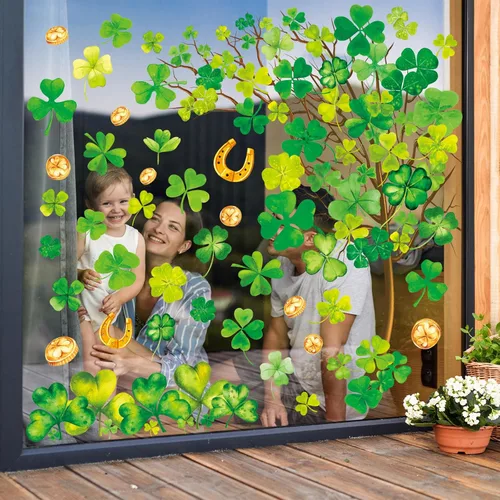 Miniatura 2 de Whaline 6 hojas de adhesivos para ventana del día de San Patricio - Grandes calcomanías de árbol de trébol en acuarela, decoración irlandesa doble