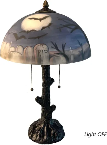 Miniatura 3 de Bieye L10973 Murciélagos volando sobre el cementerio en la noche de luna llena Lámpara de mesa de vidrio pintada a mano para decoración de Helloween