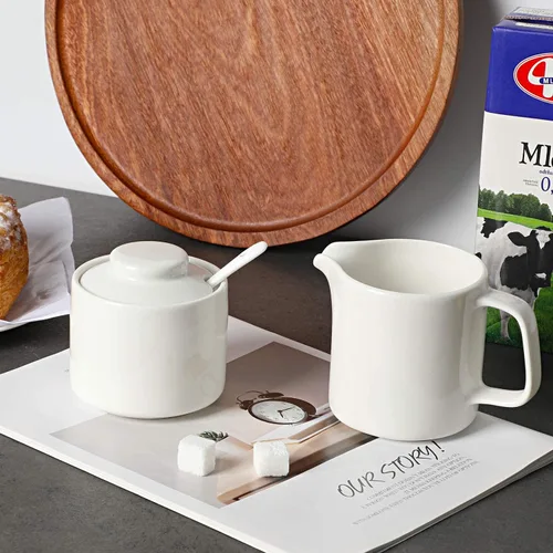 Miniatura 4 de ONTUBE Juego de 3 jarras de porcelana para azúcar y crema, jarra de crema de cerámica, azucarero con tapa y cuchara (blanco brillante)