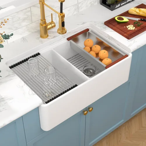 Miniatura 10 de Sarlai Fregadero de cocina de 33 x 18 pulgadas, color blanco, fregadero de cocina de 33 x 18 pulgadas, cuenco doble frontal 50/50 de porcelana