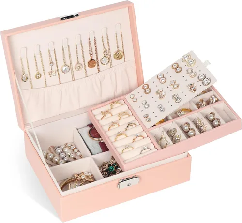 Joyero para mujeres y niñas, contenedor organizador de joyas de 2 capas con cerradura, estuche de almacenamiento de piel sintética con bandeja