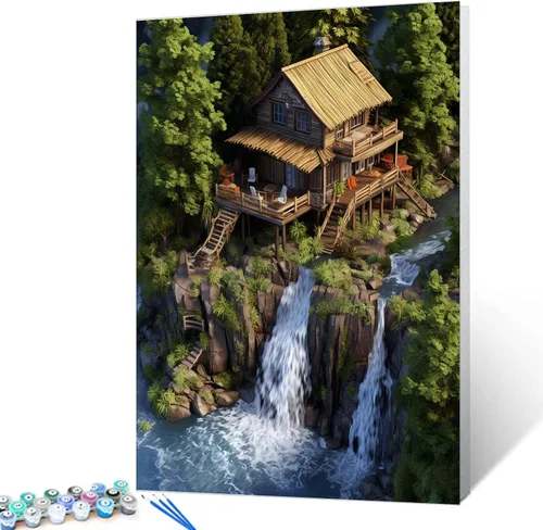 Miniatura 2 de Kits de pintura digital de cabaña y cascada para adultos y niños, exquisitas cabañas de pintura por números, juego de pintura al óleo
