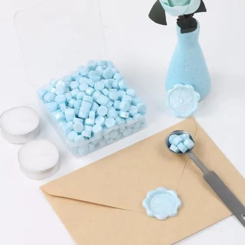 Miniatura 2 de Juego de 300 cuentas de cera de sellado azul claro para sello de cera con velas y cuchara de fusión, perfecto para tarjetas de Navidad, sobres