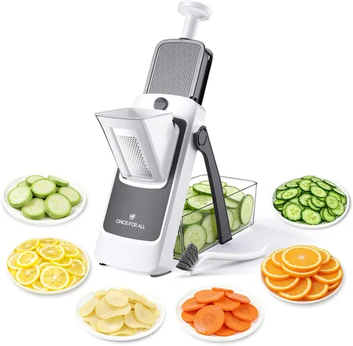 Miniatura 10 de ONCE FOR ALL Cortadora de mandolina segura para cocina, rebanadora de verduras profesional para rebanadas de patata de alimentos, grosor ajustable