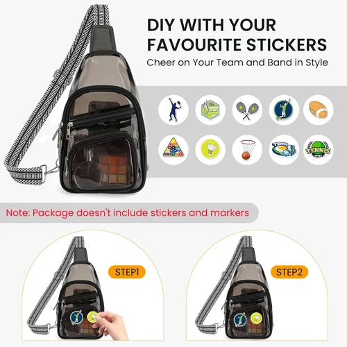 Miniatura 6 de Sisipoet Bolsa transparente para eventos en estadios, bolsa cruzada transparente para conciertos, riñonera para mujeres y hombres, bolsas Semi negro