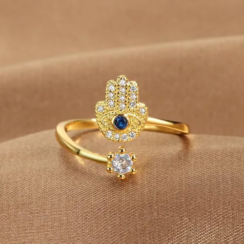 Miniatura 3 de YILUOCD Hamsa - Anillo de mano contra el mal de ojo para mujer, anillo de mano de Fátima Hamsa de ojo malvado, anillo de circonita cúbica azul