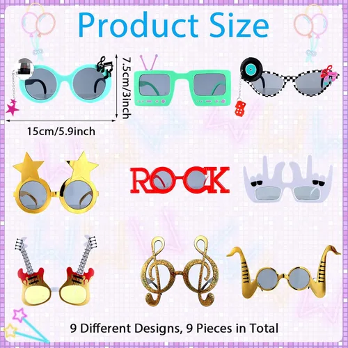 Miniatura 2 de Paquete de 9 gafas de sol divertidas de música rock, decoración de los años 80 y 90, suministros de fiesta de música retro, radio, estrellas