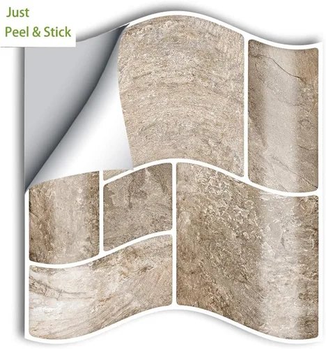Miniatura 8 de Alwayspon 25 calcomanías autoadhesivas para azulejos de pared, a prueba de agua, para cocina, baño, 6 x 6 pulgadas Piedra beige