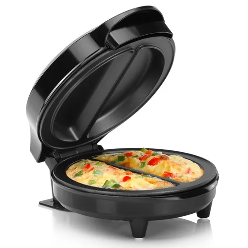 Holstein Housewares Máquina de omelete y frittata de 2 secciones de acero inoxidable, revestimiento antiadherente, fácil de limpiar, luces Negro