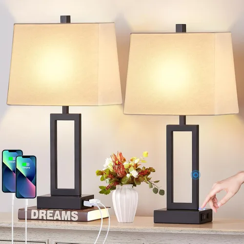 Miniatura 15 de Lolikit Juego de 2 lámparas de mesa de 25 pulgadas, lámpara de mesa moderna para sala de estar con 2 puertos de carga USB, lámpara de noche Gris
