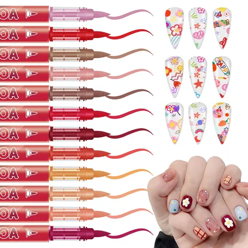 Miniatura 16 de IONSGAKO Juego de bolígrafos de arte de uñas de 12 colores, bolígrafos de esmalte de uñas, bolígrafo de dibujo de arte de uñas, secado rápido