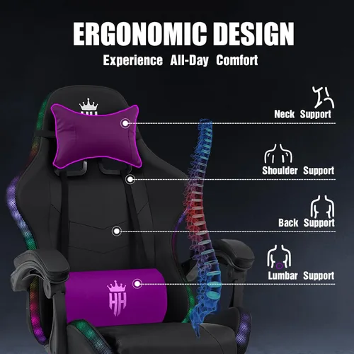 Miniatura 5 de Silla de juegos RGB con reposapiés, silla de juegos de computadora con luces LED para adultos, silla reclinable con reposacabezas ajustable, soporte