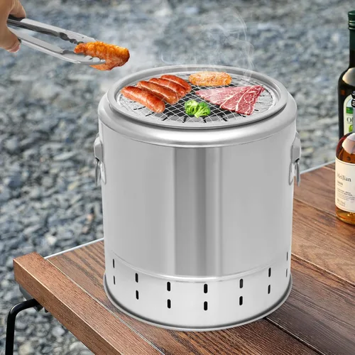 Miniatura 9 de Parrillas de carbón, 13.39 x 14.17 pulgadas, barril de barbacoa de acero inoxidable, parrilla portátil de carbón, cubo de barbacoa de gran