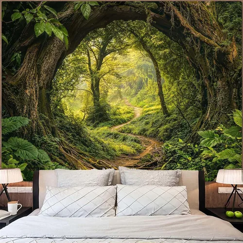Miniatura 2 de Kanuyee Tapiz de bosque verde, tapiz de paisaje para pared, tapices de naturaleza para techo y pared, colgante para dormitorio, sala de estar