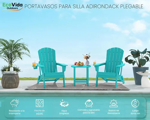 Miniatura 3 de Juego de sillas plegables Adirondack de 3 piezas, respaldo extra alto de 38 pulgadas y grano de madera en relieve, muebles de patio de polietileno