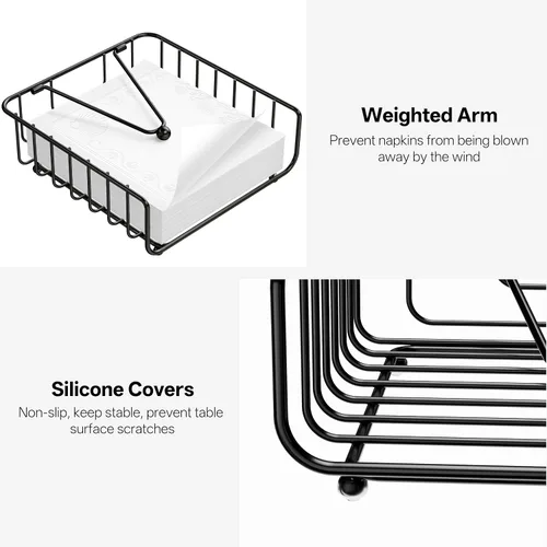 Miniatura 4 de Paquete de 2 servilleteros para mesa con brazo pesado, servilleteros planos de metal para servilletas de papel, dispensador de servilletas al aire