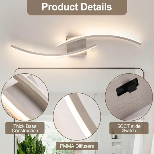 Miniatura 4 de Lámpara de pared moderna cableada de 3000 ~ 6000 K, lámpara de pared LED plateada de 31.5 pulgadas, luces de pared de níquel cepillado