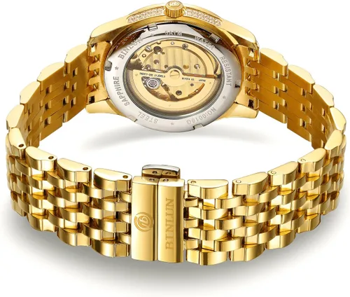 Miniatura 20 de BINLUN Reloj de pulsera para hombre, mecánico automático, reloj dorado con cuerda automática, elegante, chapado en oro de 18 quilates, relojes