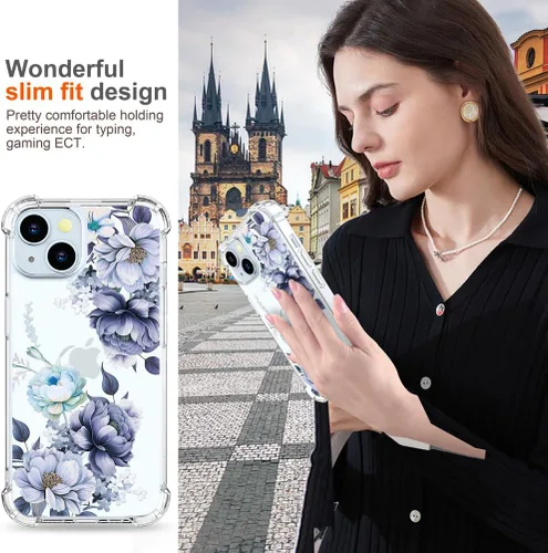 Miniatura 6 de Hungo Funda compatible con iPhone 15 Plus para mujer, diseño floral transparente, lindo, flor azul rosa Rosas Azules