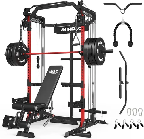 Miniatura 9 de Mikolo - Jaula de fuerza, estante de potencia de 2000LB con sistema de polea doble independiente, máquina de entrenamiento multifunción